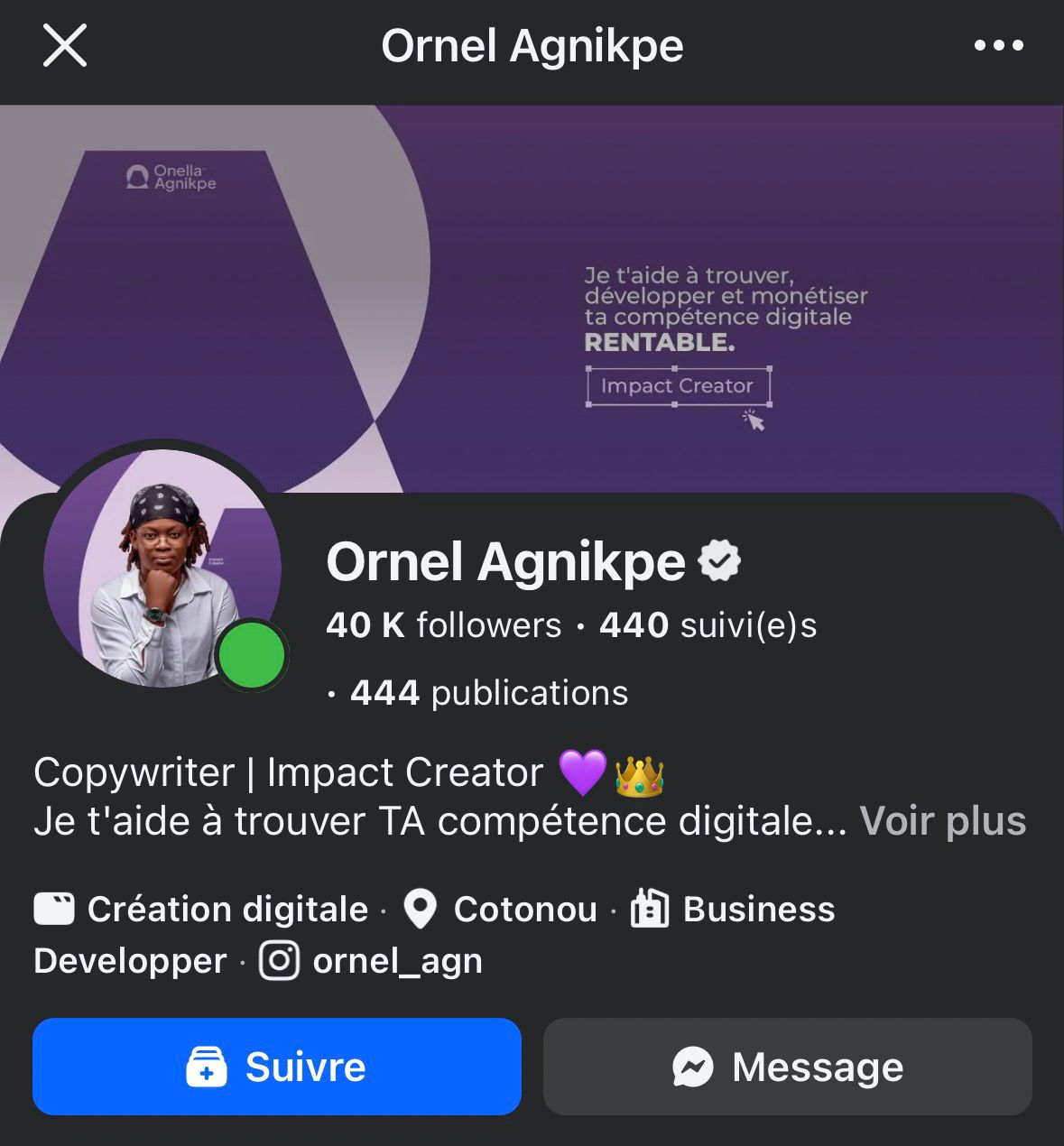 Capture du compte Ornel Agnikpe — 40K followers